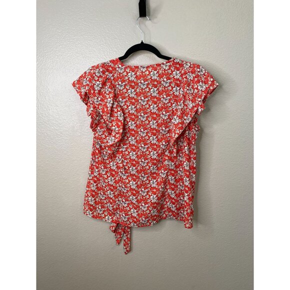 Max Studio Womens Red Floral Wrap Tie Blouse Size M Lightweight Short Sleeve Top - Picture 3 of 7